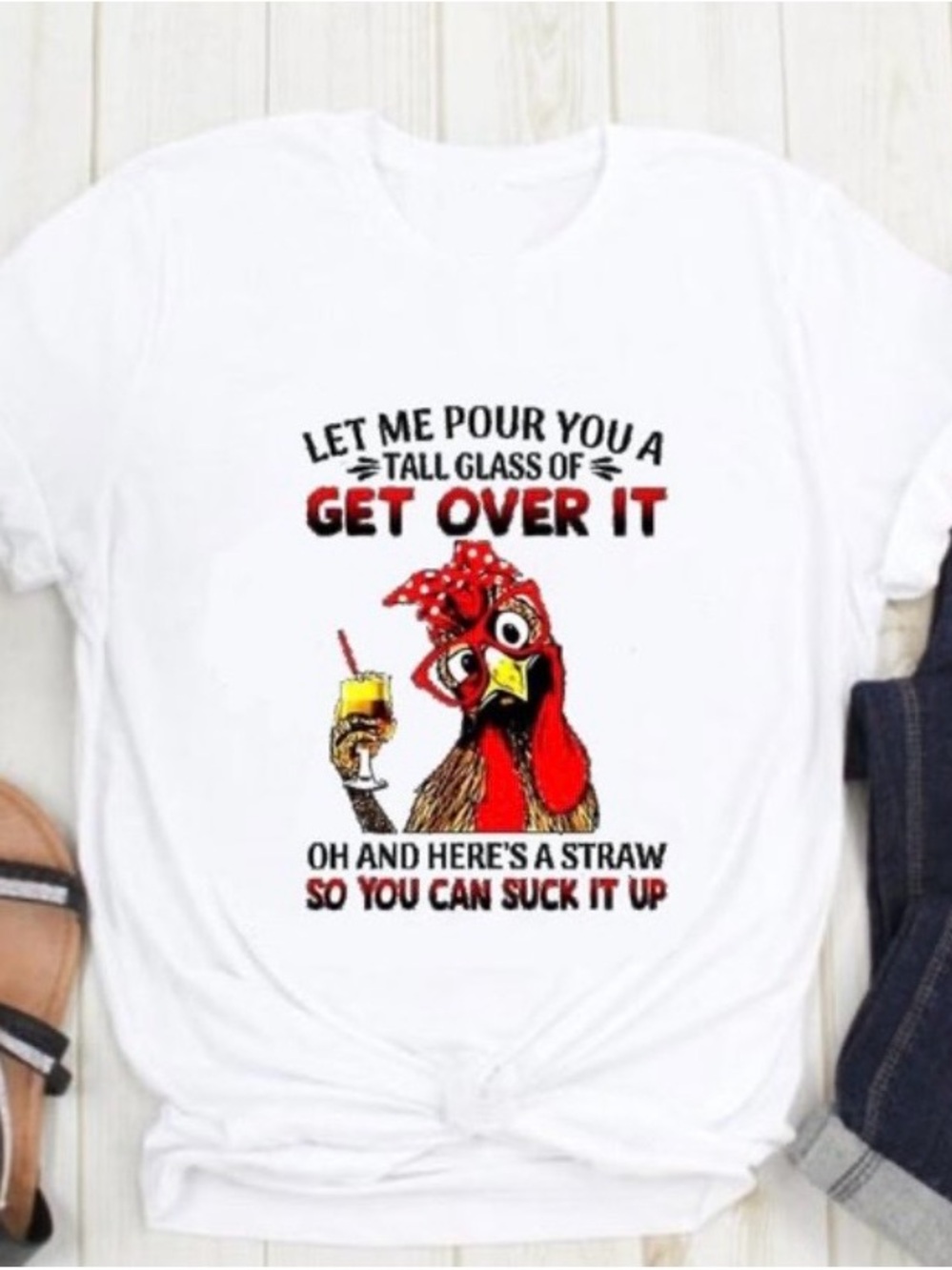 ‘Get Over It’ Women’s Funny White Chicken Graphic Short Sleeve Tee T-Shirt 3X - Picture 8 of 9
